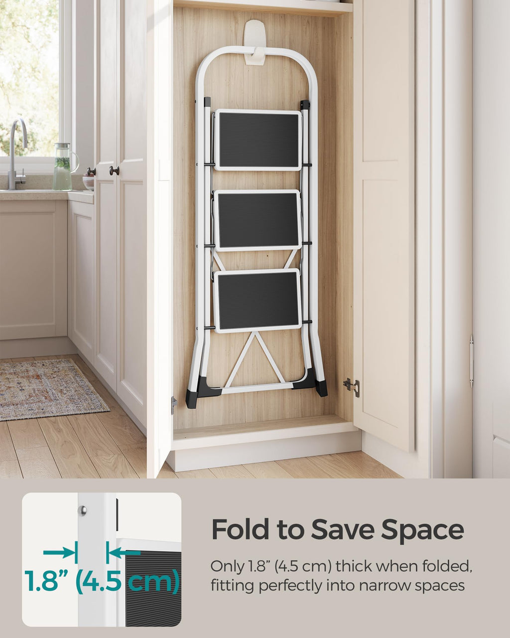 SONGMICS 3-Step Ladder, Folding Step Ladder, Safety, Holds up to 150KG