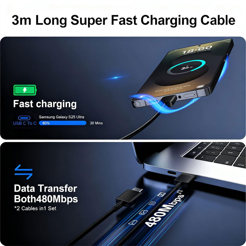 USB C to USB C Charger Cable,3M Long i Phone Type C Charging Lead 2Pack Fast Charging Wire USBC Charger Cables for iPhone 17 Pro Max/17 Air/16/16 e/16 Pro/15 Plus, iPad Pro/Air/Mini,Mac