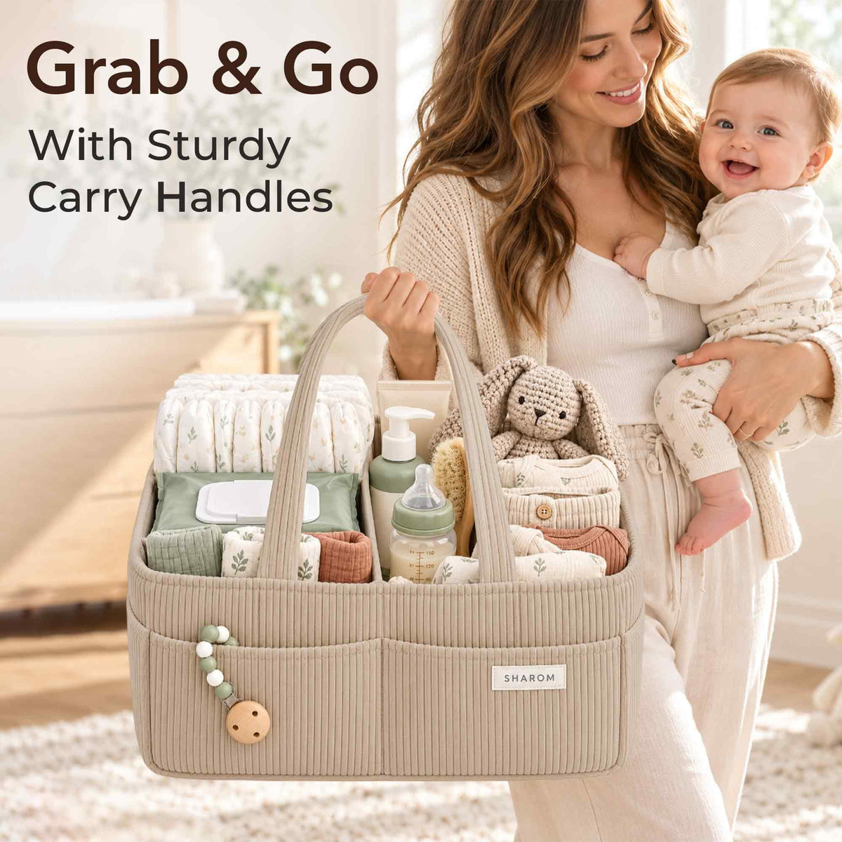 Essential Baby Caddy for Newborns. Spacious, Sturdy & Portable Diaper and Nappy Caddy for Newborn Essentials, Nursery Storage Basket & Organiser for Baby Shower Gifts & Registry Must-Haves Grey