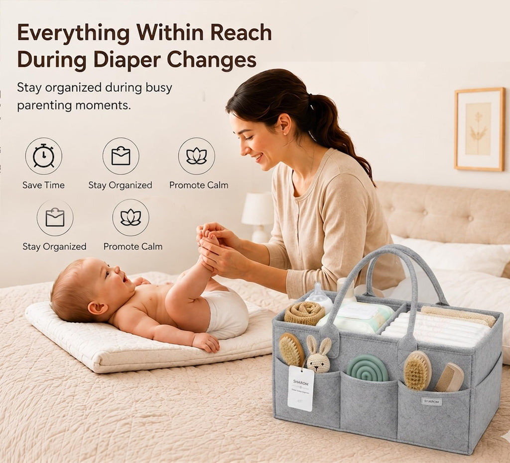 Essential Baby Caddy for Newborns. Spacious, Sturdy & Portable Diaper and Nappy Caddy for Newborn Essentials, Nursery Storage Basket & Organiser for Baby Shower Gifts & Registry Must-Haves Grey