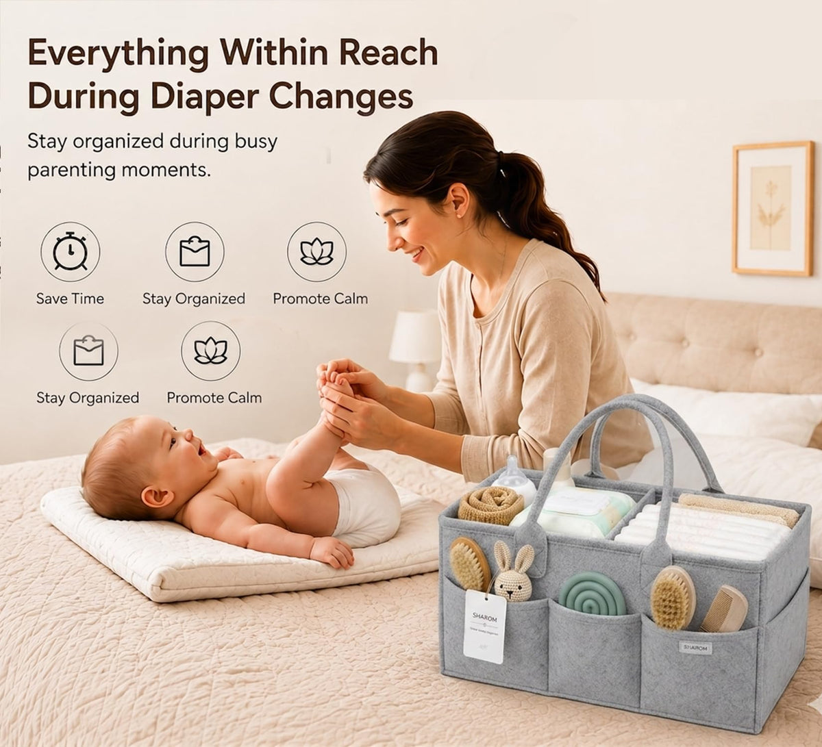 Essential Baby Caddy for Newborns. Spacious, Sturdy & Portable Diaper and Nappy Caddy for Newborn Essentials, Nursery Storage Basket & Organiser for Baby Shower Gifts & Registry Must-Haves Grey