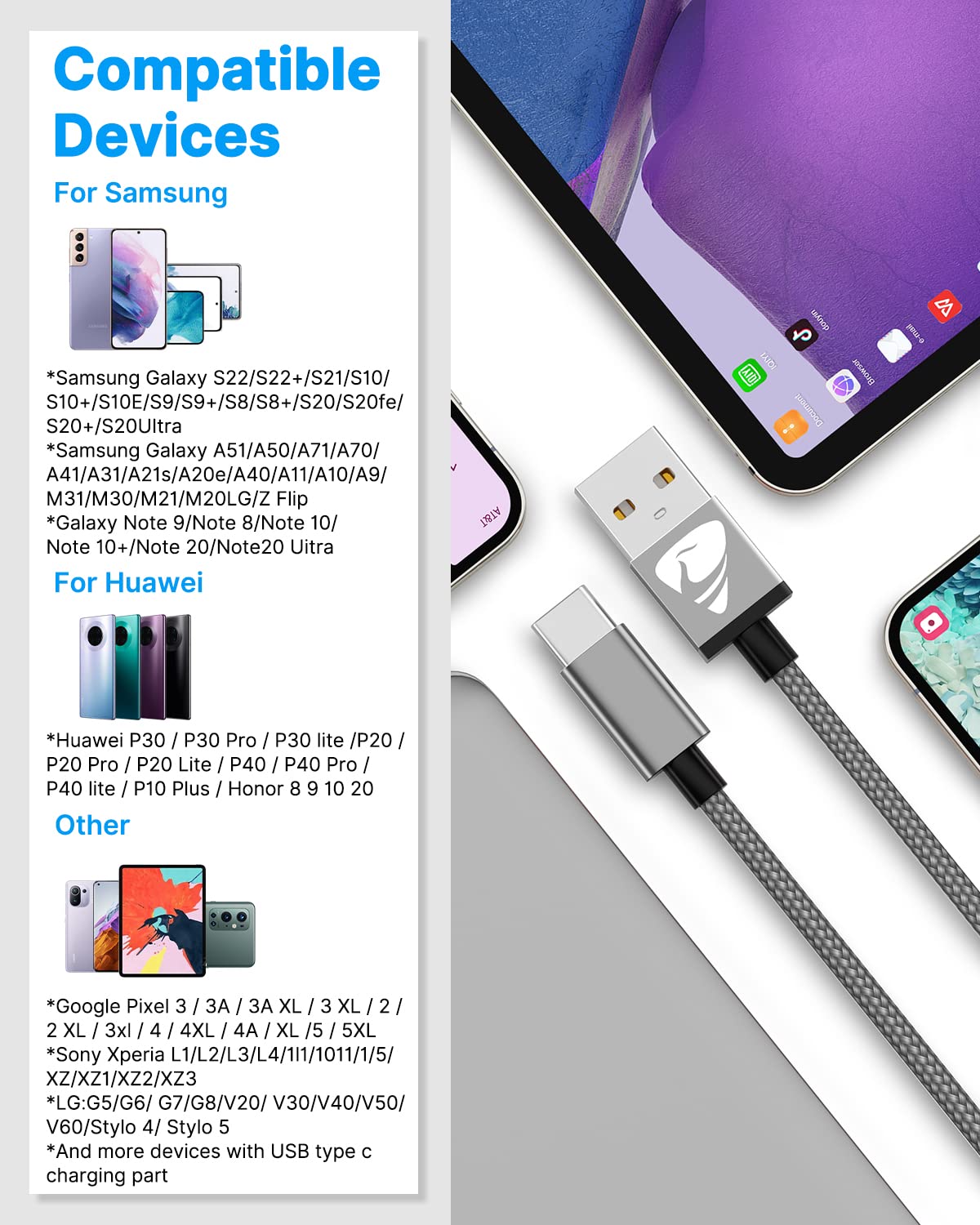 USB C Charger Cable 3M 2Pack Type C Charger Fast Charging 3A Lead Braided for Samsung Galaxy S23 S22 S21 S20 S10 S9 S8 A12 A13 A20e A21s A53 A70,Google Pixel 7 6,Huawei P30 P40,Sony Xperia,Switch,PS5