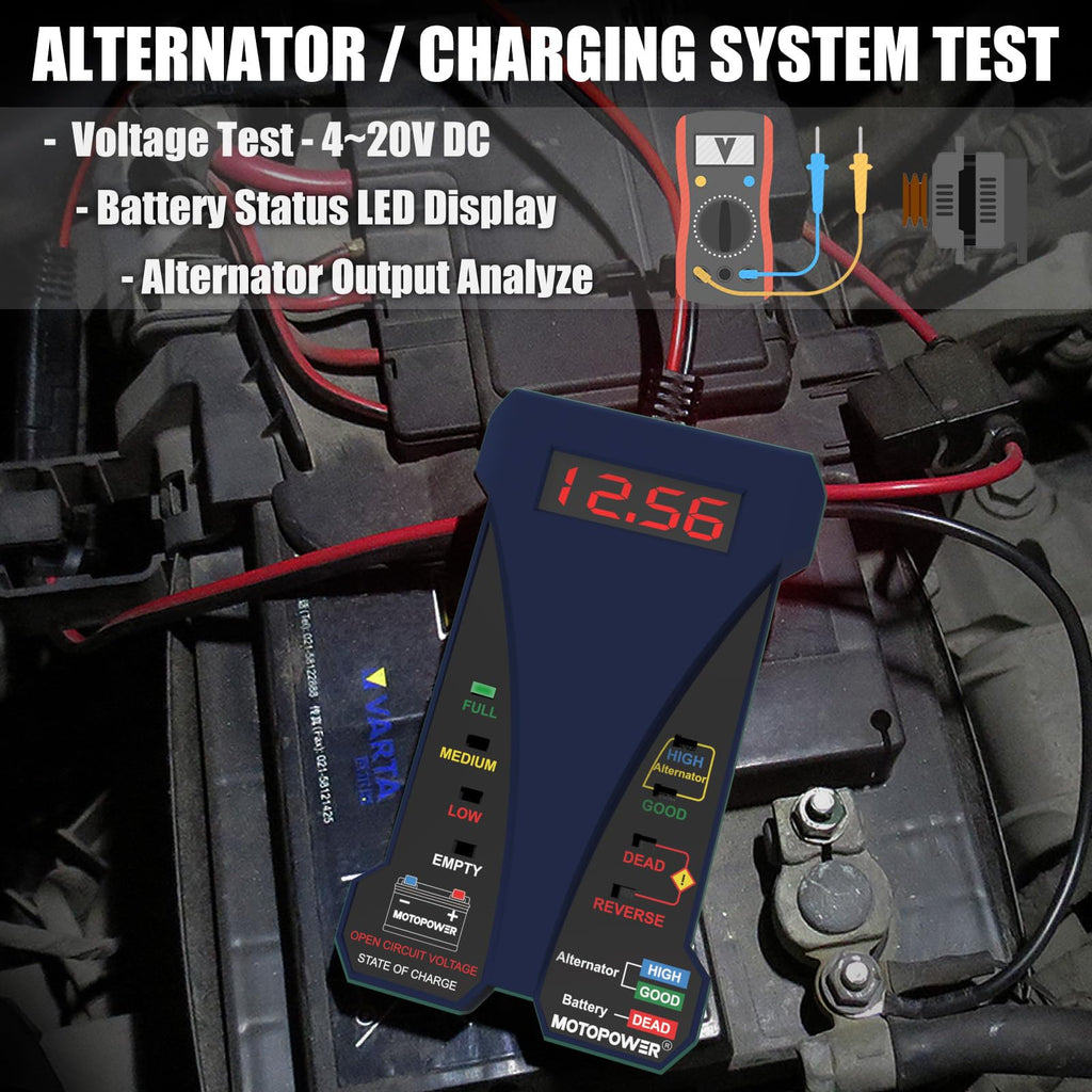 MOTOPOWER MP0514D 12V Digital Battery Tester Voltmeter and Alternator Charging System Analyzer with LCD Display and LED Indication, Orange Rubber Paint