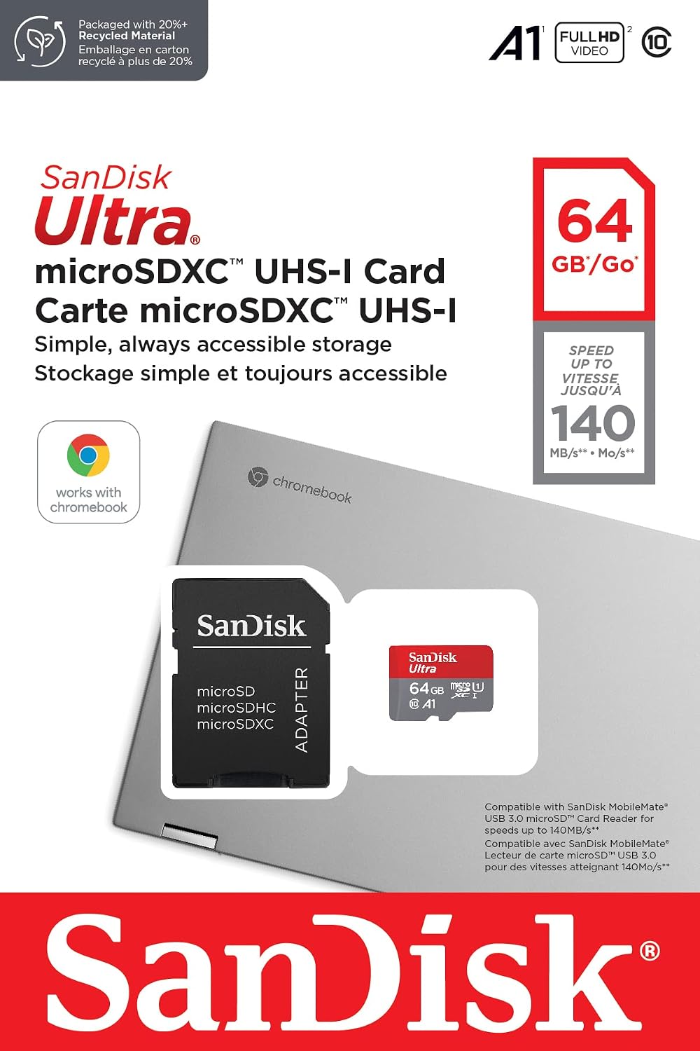 SanDisk 64GB Ultra microSDXC card for Chromebook + SD adapter up to 140 MB/s with A1 App Performance UHS-I Class 10 U1 (Pack of 2)