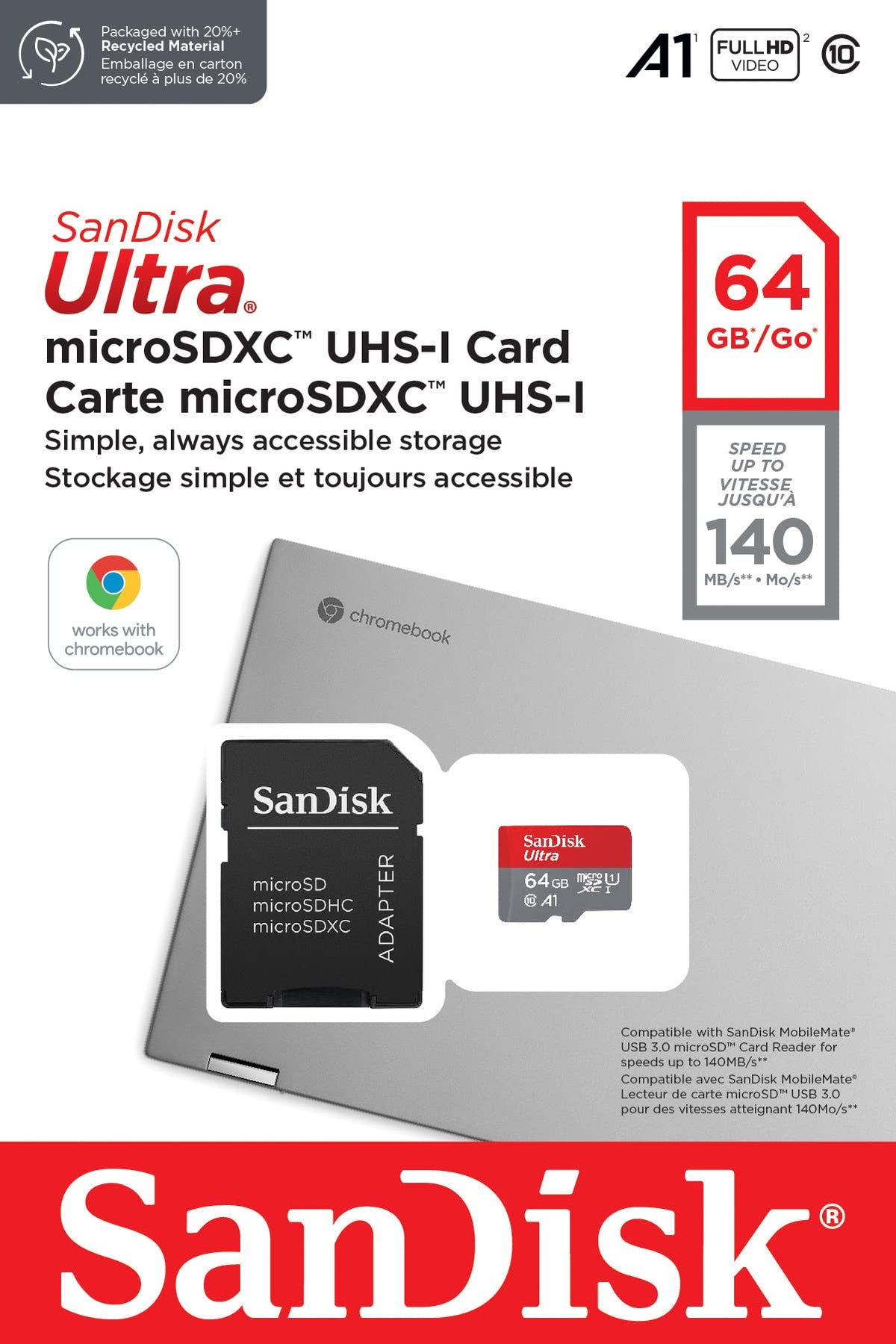 SanDisk 64GB Ultra microSDXC card for Chromebook + SD adapter up to 140 MB/s with A1 App Performance UHS-I Class 10 U1 (Pack of 2)