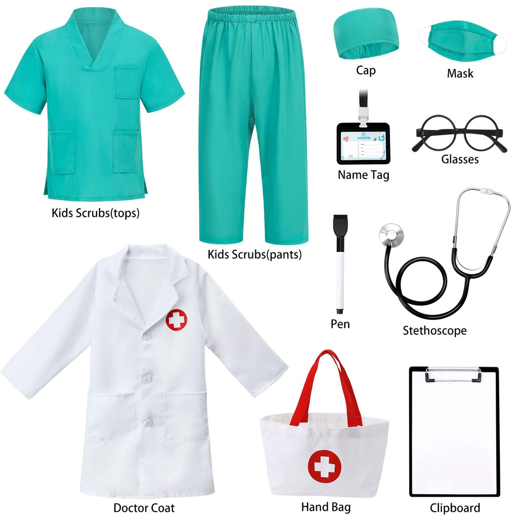 12 PCS Doctor Costume for Kids,Scrubs Nurse Costume for Girls Boys