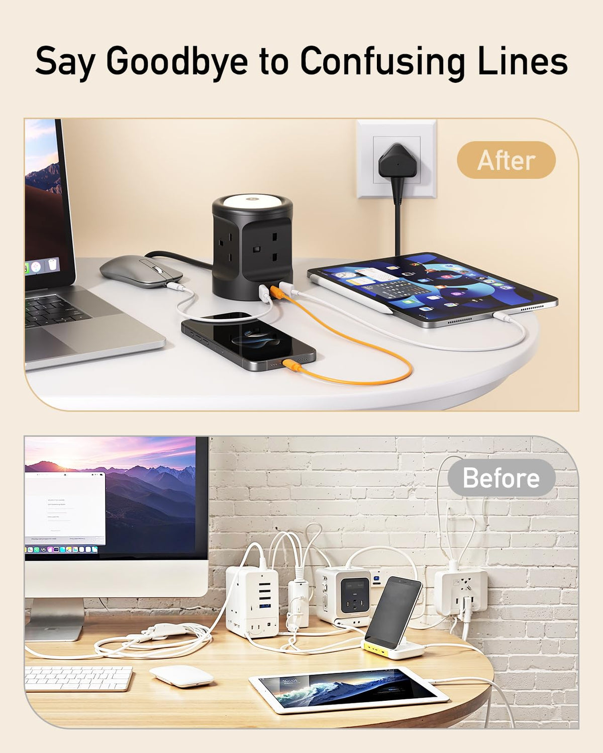 Extension Lead with USB Slots and Night Light, 4 Way (13A/3250W) Multi Plug Extension Cords & 3 USB Ports, Surge Protected Extension Lead with Switches, 2M Extension Cable for Home Dorm Office
