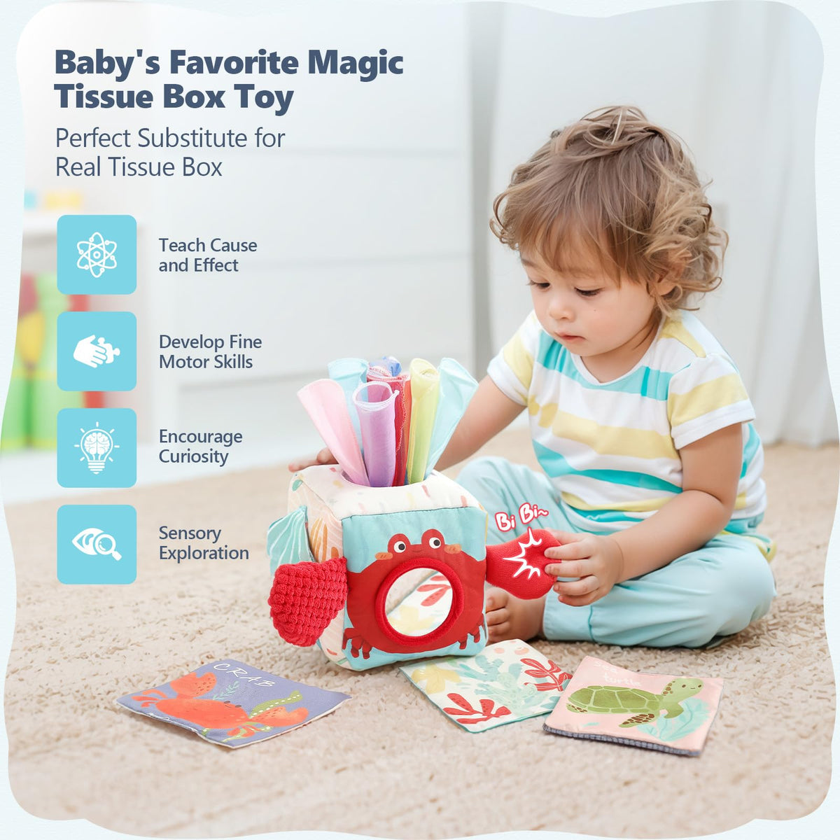 Youuys Baby Tissue Box Toy for Babies 6-12 Months, Montessori Sensory Toys for 1 Year Old Boy, Infant Toy with Crinkle Tissues & Fine Motor, for 6 9 12 18 Months Old Kids 1st Birthday
