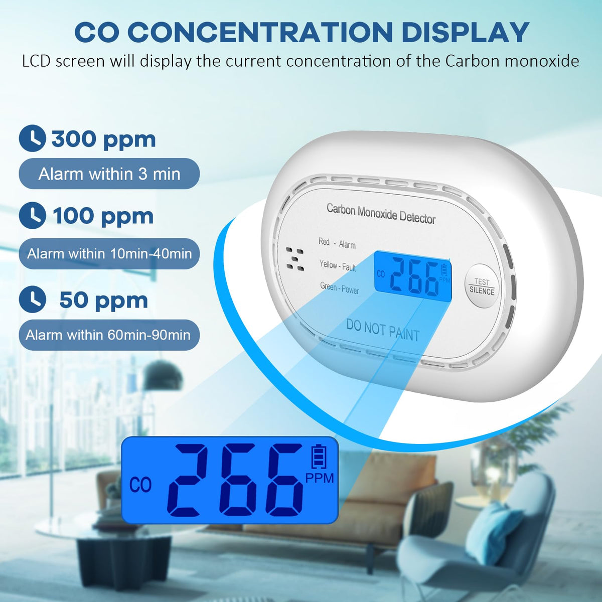 XINDUM Carbon Monoxide Detector 10-Year Battery LCD Display CE Black 1Pack