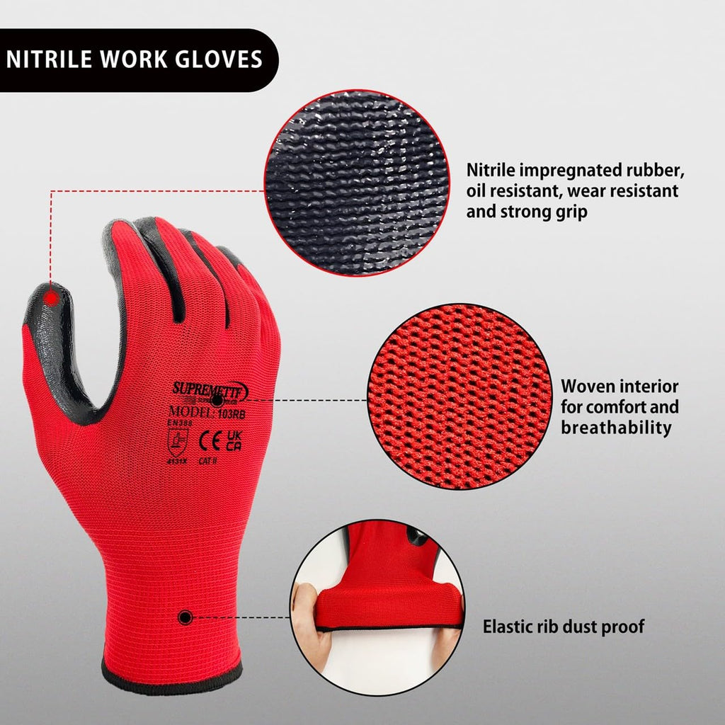 24 Pairs PREMIUM NITRILE COATED Red Nylon Work Gloves Builders Gardening Grip (Large [Size 9])