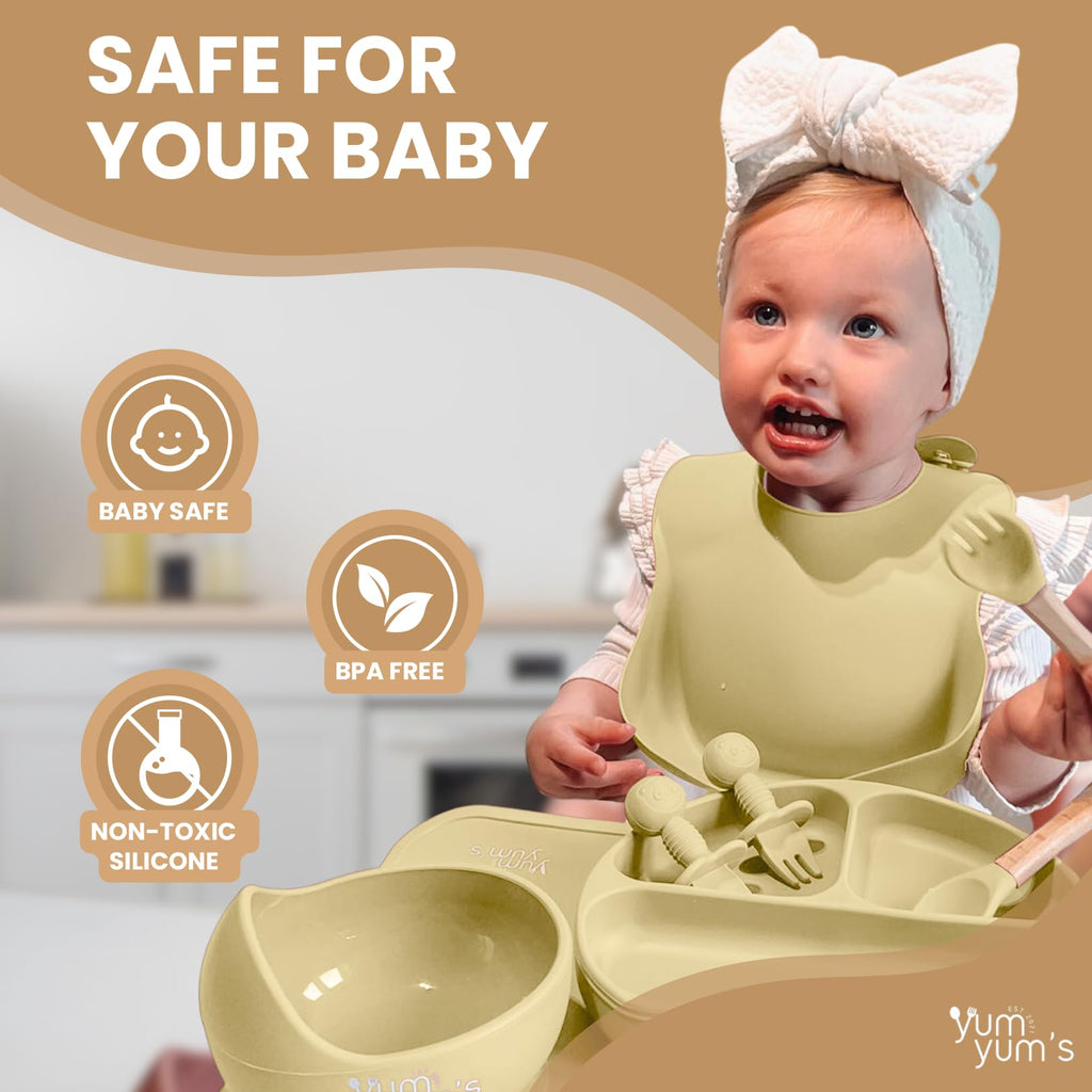 Yum Yum's Baby 10 Pcs Blue Weaning Set - Complete Toddler Feeding Kit w/Sectioned Plate, Suction Bowls, Cutlery with Mouth Guard, Straw Cup, Bib & Mat - Non-Slip - for Toddlers & Baby Gift
