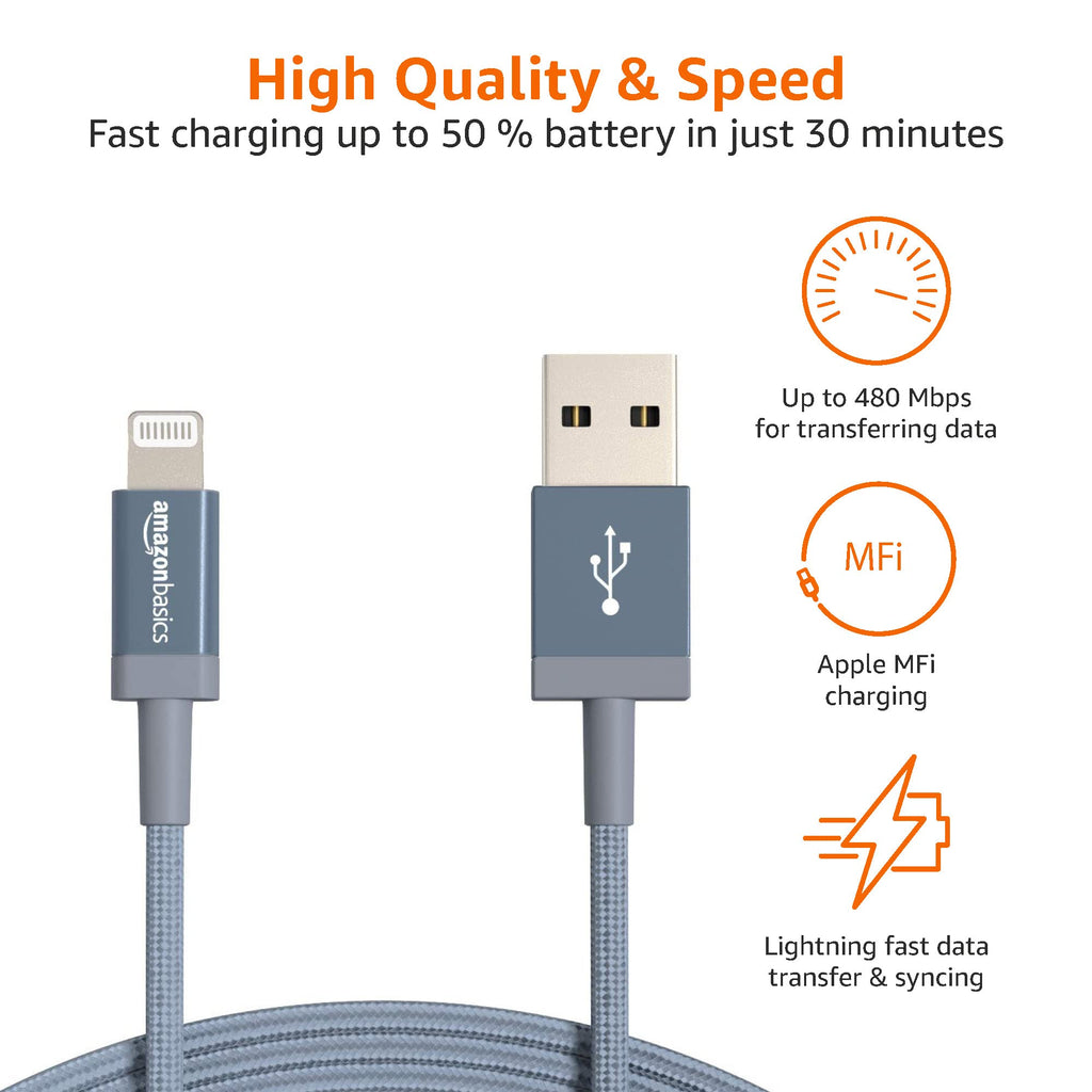 Amazon Basics USB to Lightning Cable, Nylon Braided Charger for iPhone 14 13 12 11 X iPad, 0.9 m, Silver
