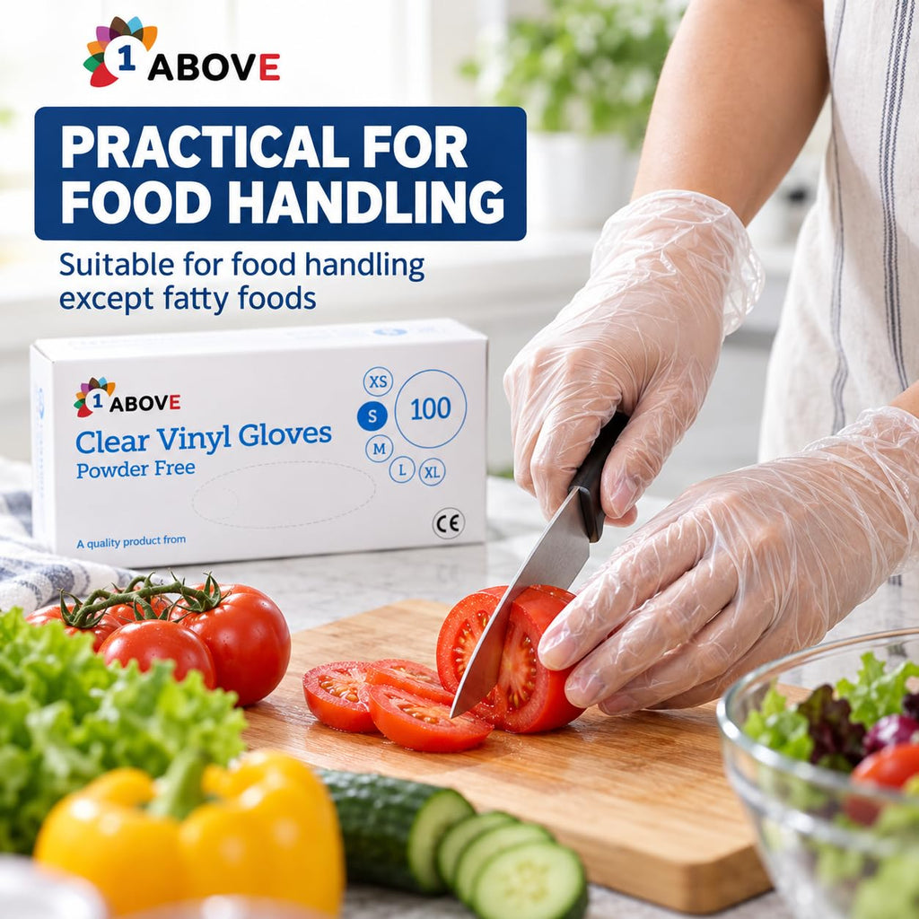 1ABOVE 100 Clear Vinyl Disposable Gloves Small, Powder-Free Latex-Free Ambidextrous Gloves for Food Handling Except Fatty Foods, Cleaning, Hairdressing, Beauty & Everyday Tasks