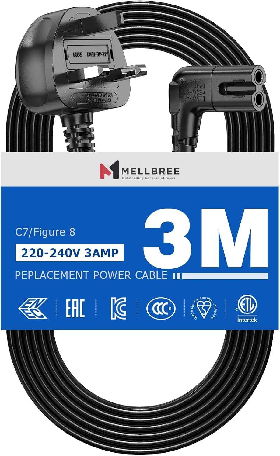 Power Cable Compatible with Samsumg TV 3M, Mellbree Quality Safe Right Angle Suitable for Awkward Space Figure 8 Power Cable Compatible with Samsung, LG, Panasonic TV Black