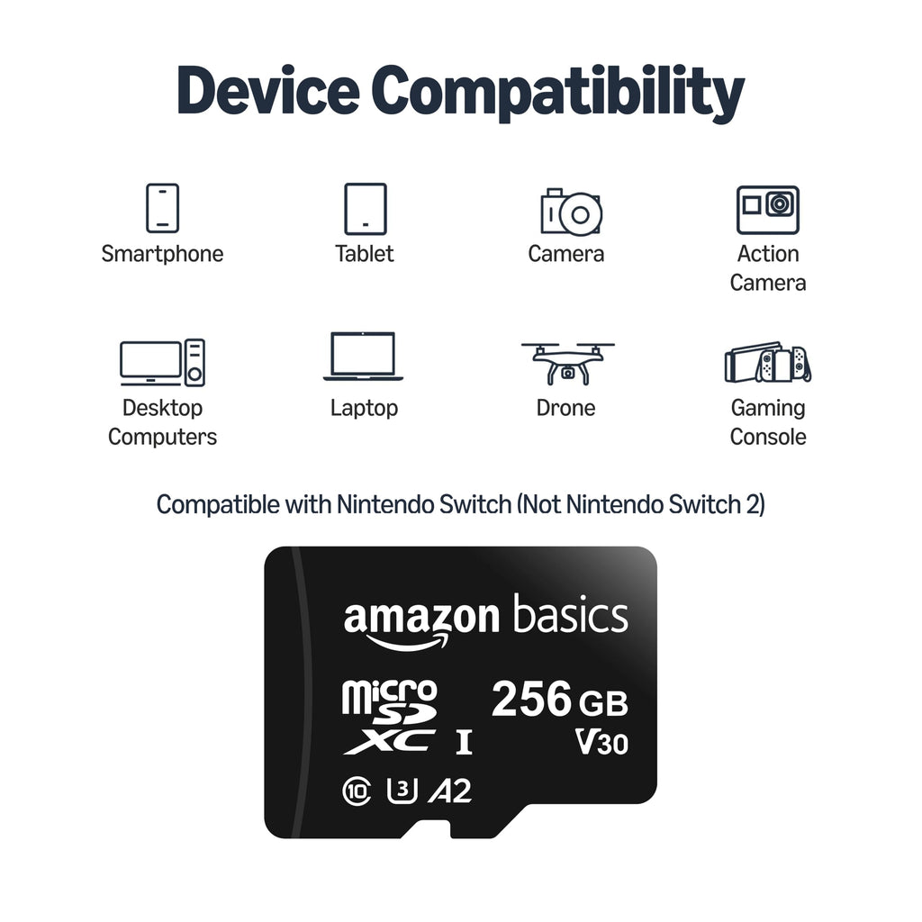 Amazon Basics microSDXC Memory Card, 64GB, A2, U3, 100MB/s Read Speed, Black, 2-Pack