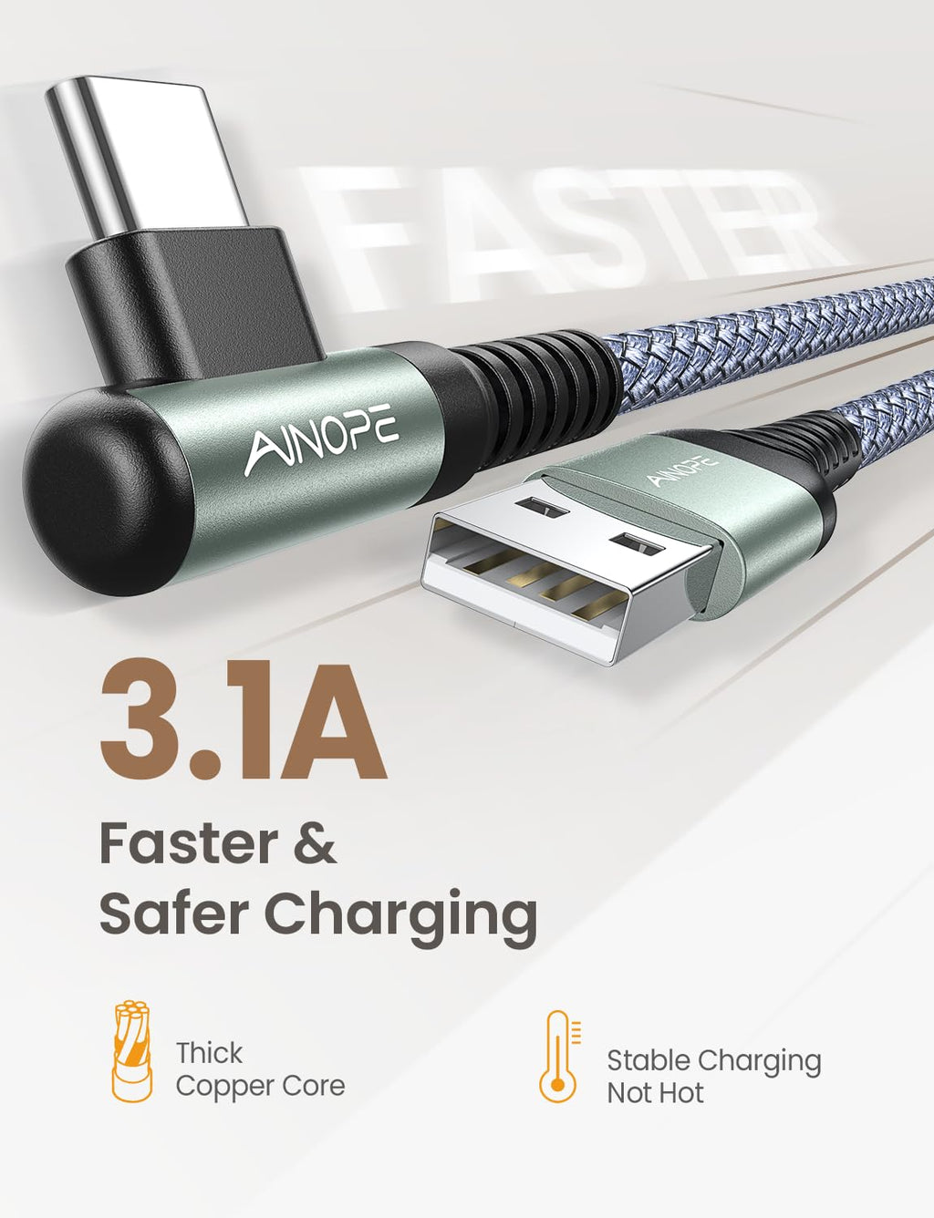 AINOPE 2-Pack 0.5ft USB C Cable, 3.1A Fast Charging, Right Angle, Durable Nylon Braided, Compatible with Galaxy S22 S21 Plus S20, Note 10 9 LG, Type C Charger