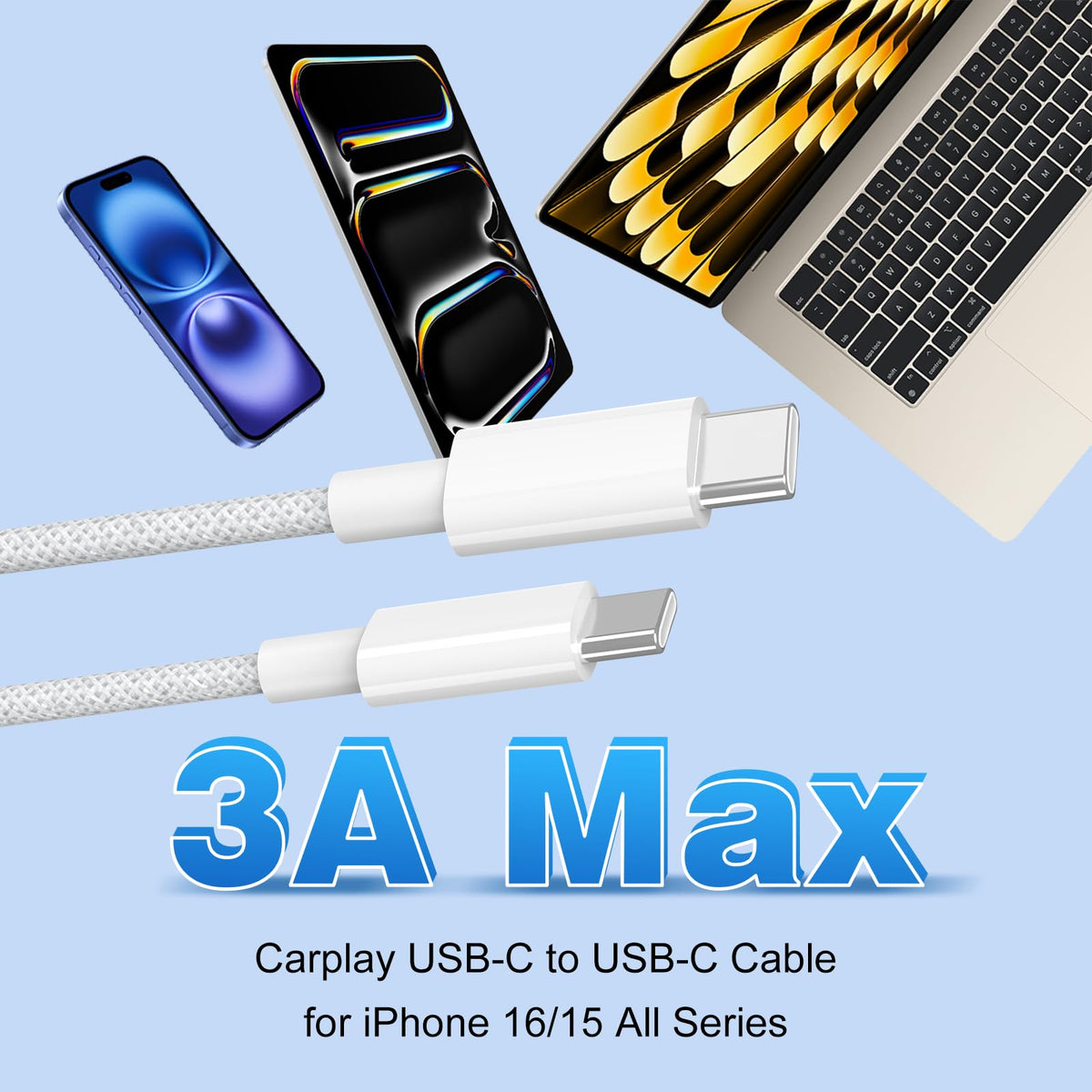 USB C to USB C Charger Cable 2M 3Pack, 60W Fast Charger Cable 2 Metre, Nylon Braided C to C Charging Cord Compatible with iPhone 18 17 16 Pro Max, Samsung Galaxy S26 S25, MacBook Air