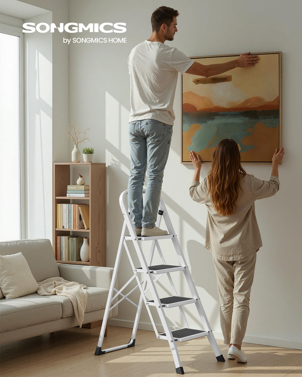 SONGMICS 3-Step Ladder, Folding Step Ladder, Safety, Holds up to 150KG