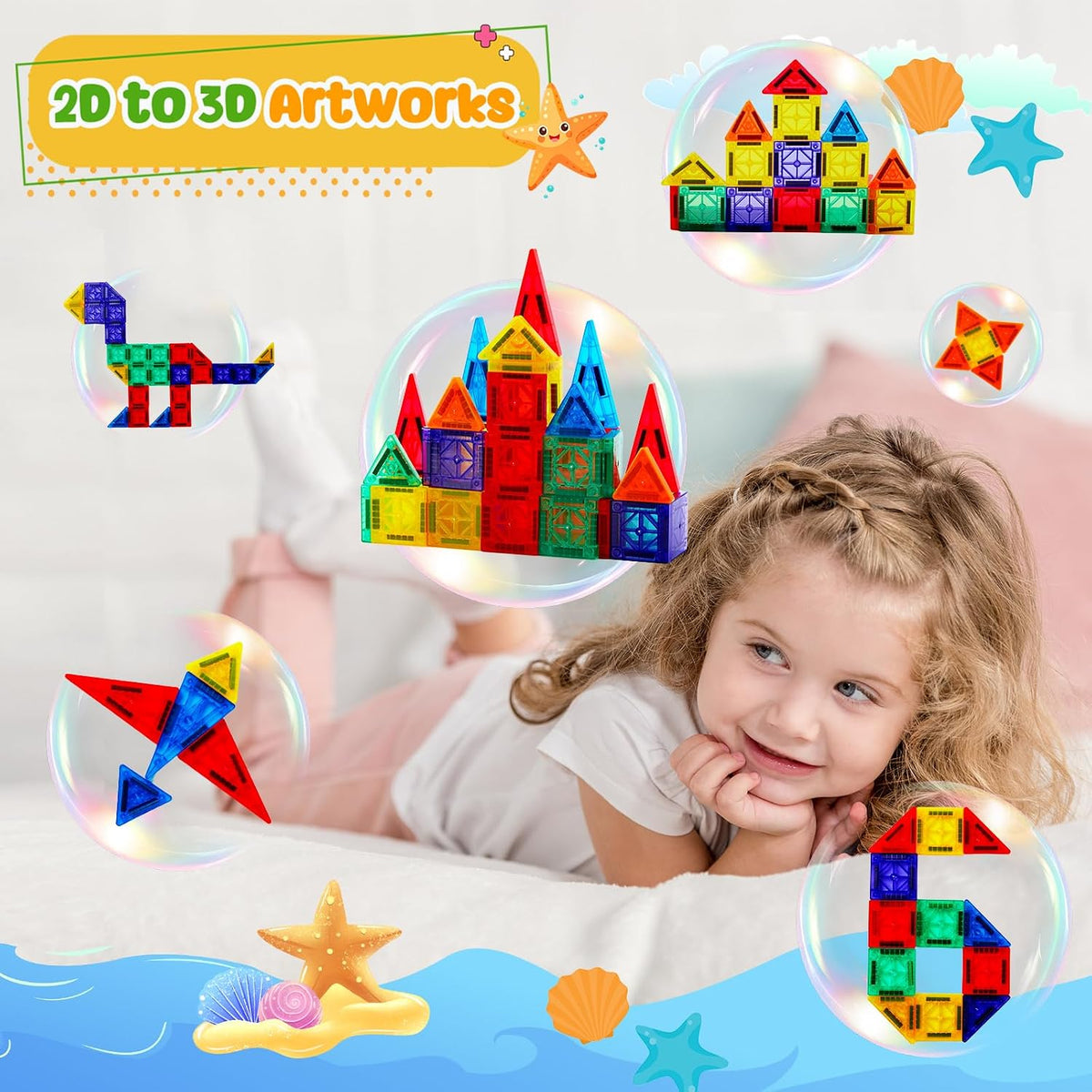 FNJO Mini Magnetic Tiles, 60PCS STEM Building Blocks Toy for Kids