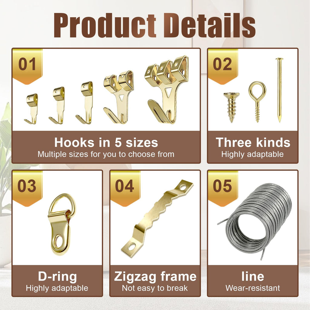 300pcs Picture Hooks Picture Hanging Kit for Picture Frame Fixing Hard Walls Photo Hooks Assorted Picture Hanger Set with Saw Tooth, D-Ring, Nails, Wire,Screws