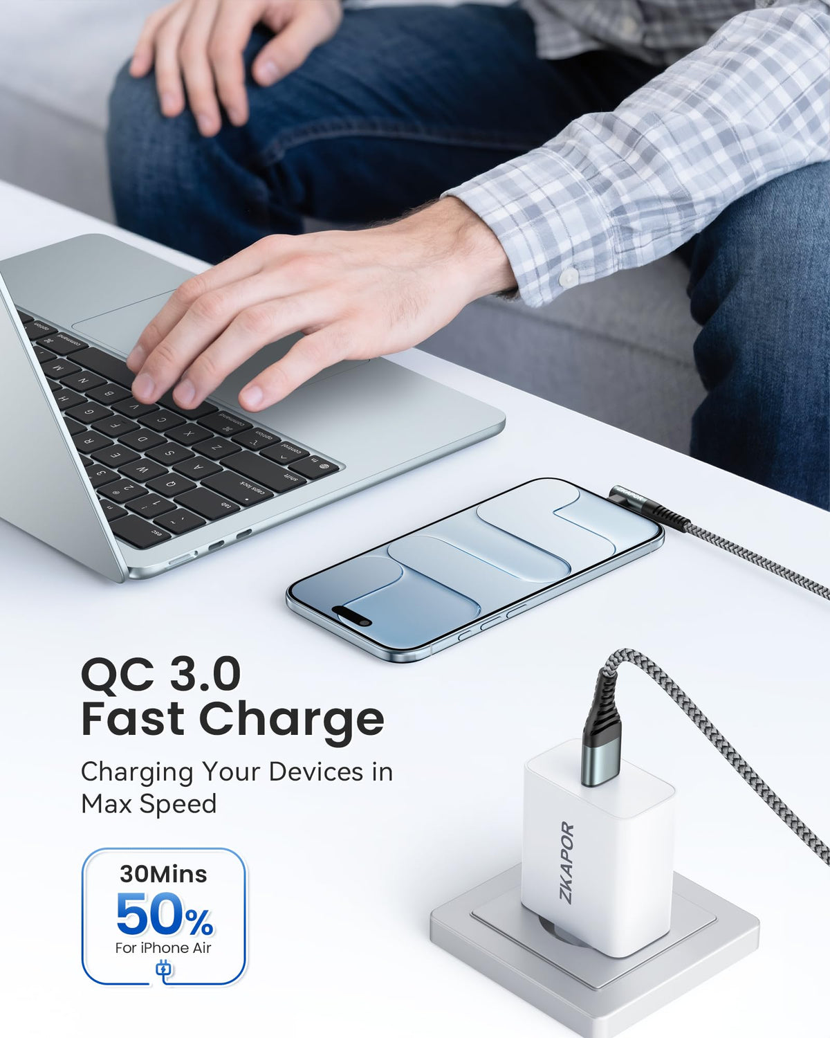 ZKAPOR Short USB C Cable 30CM USB C Charger Cable Right Angle Fast Charging