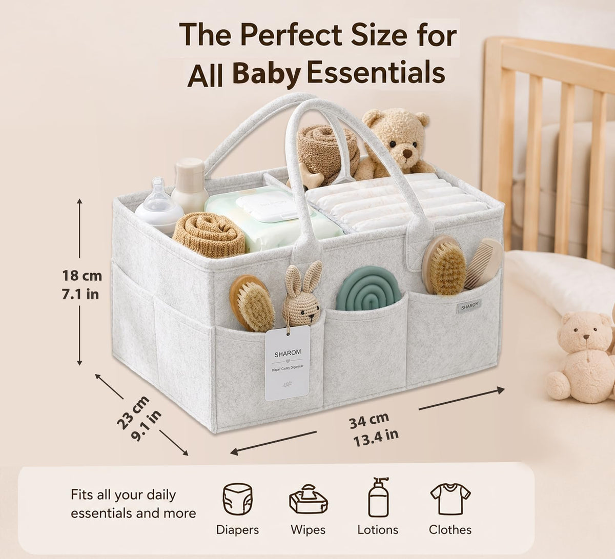 Essential Baby Caddy for Newborns. Spacious, Sturdy & Portable Diaper and Nappy Caddy for Newborn Essentials, Nursery Storage Basket & Organiser for Baby Shower Gifts & Registry Must-Haves Grey