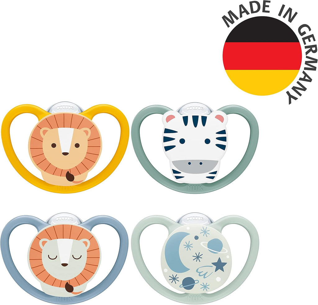 NUK Space Day & Night Baby Dummy | 6-18 Months | Glow-in-the-Dark Soothers with Extra Ventilation for Sensitive Skin | BPA-Free Silicone | Zebra & Lion | 4 Count