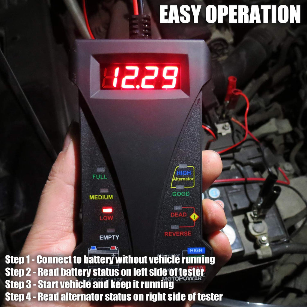 MOTOPOWER MP0514D 12V Digital Battery Tester Voltmeter and Alternator Charging System Analyzer with LCD Display and LED Indication, Orange Rubber Paint