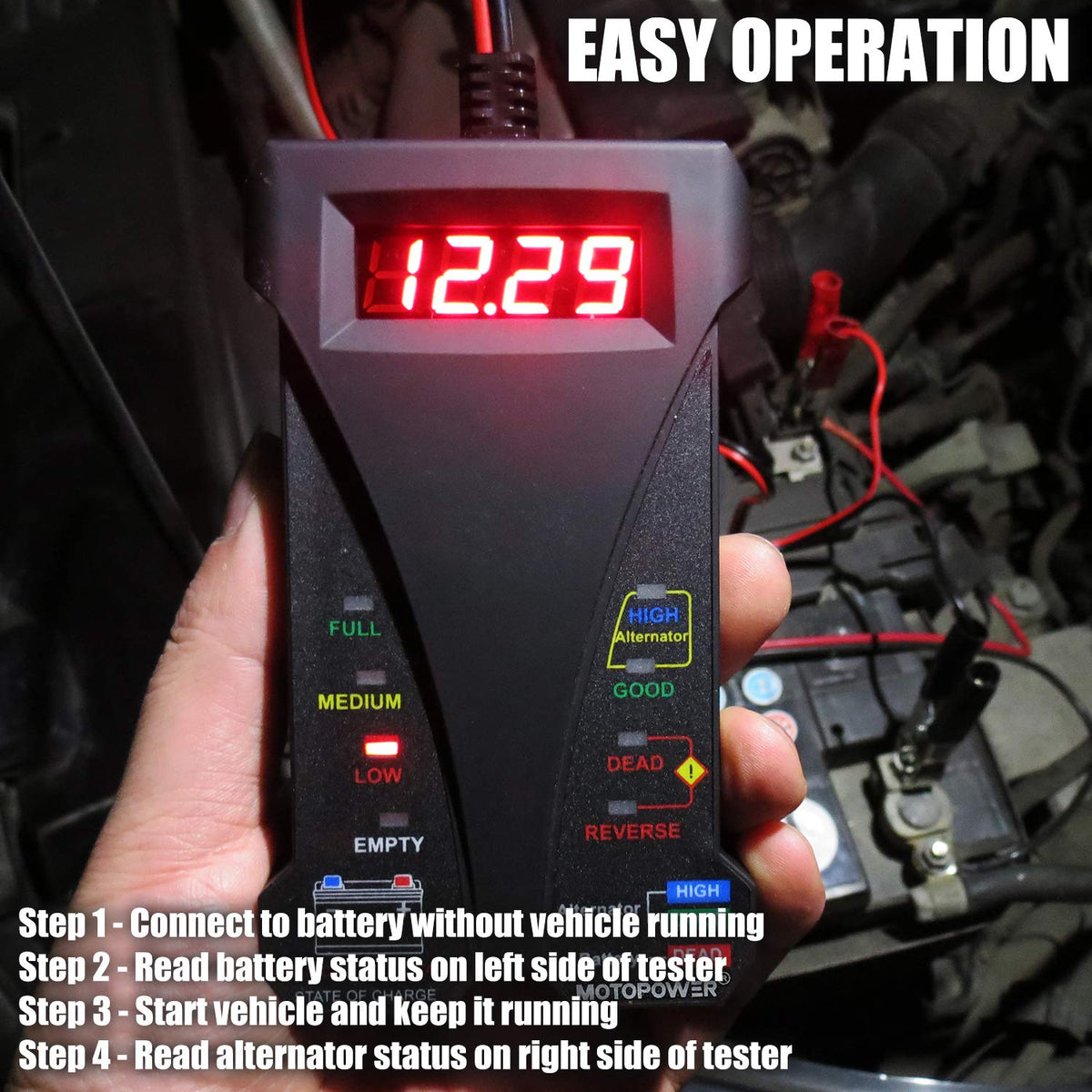 MOTOPOWER MP0514D 12V Digital Battery Tester Voltmeter and Alternator Charging System Analyzer with LCD Display and LED Indication, Orange Rubber Paint