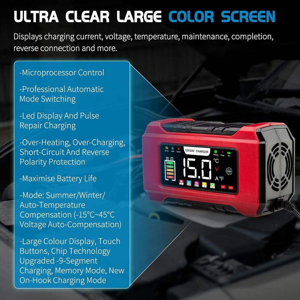 15-Amp Car Battery Charger 12V/24V, Aptliton Intelligent Car Battery Charger with 9-Stage Charging, LCD Display For Car, Truck, Motorbike, Boat - Compatible with Lead-Acid, AGM, EFB, LiFePO4 Batteries