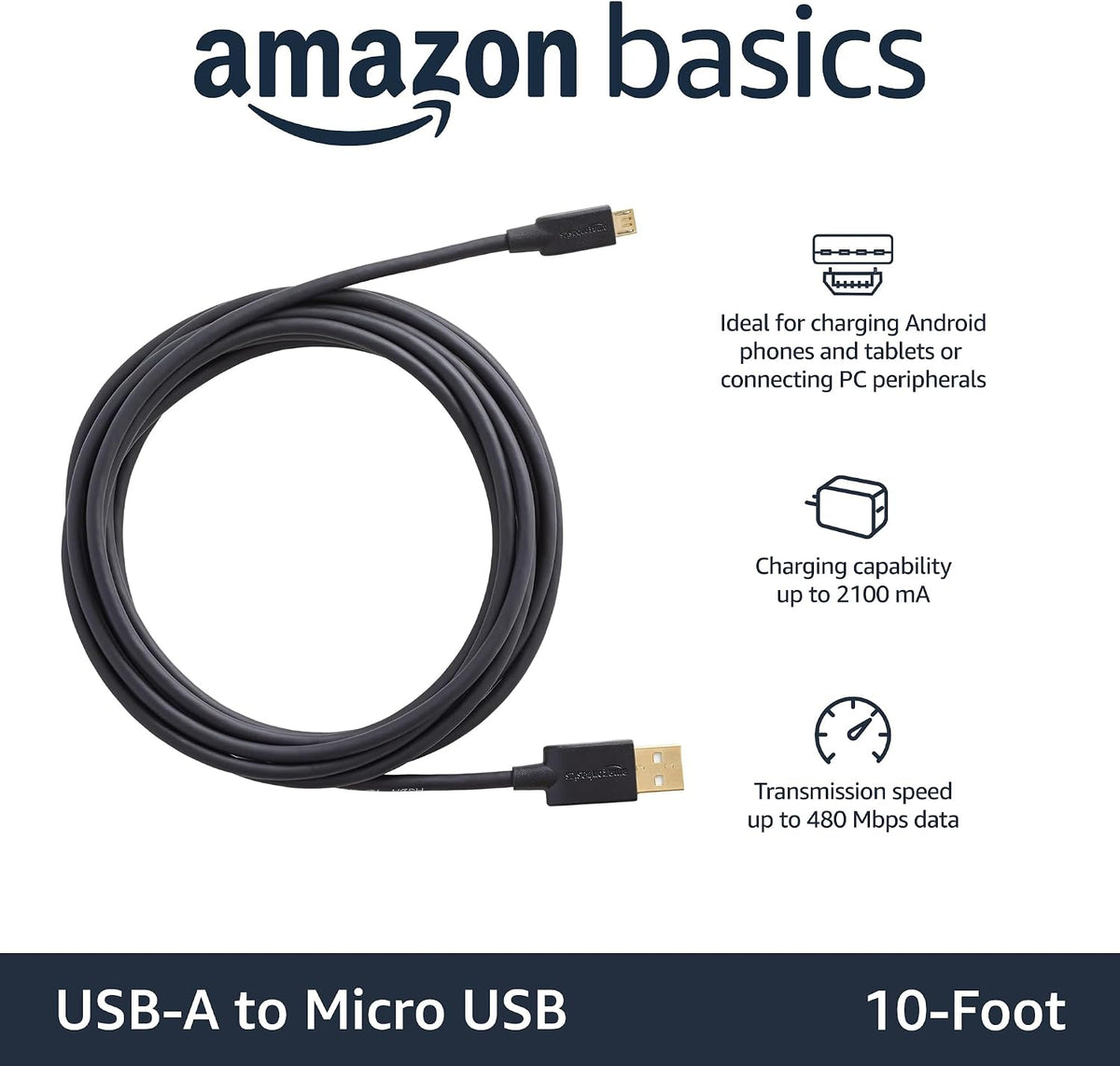 Amazon Basics 5-Pack Micro USB Cable, USB 2.0, 3 m, Black