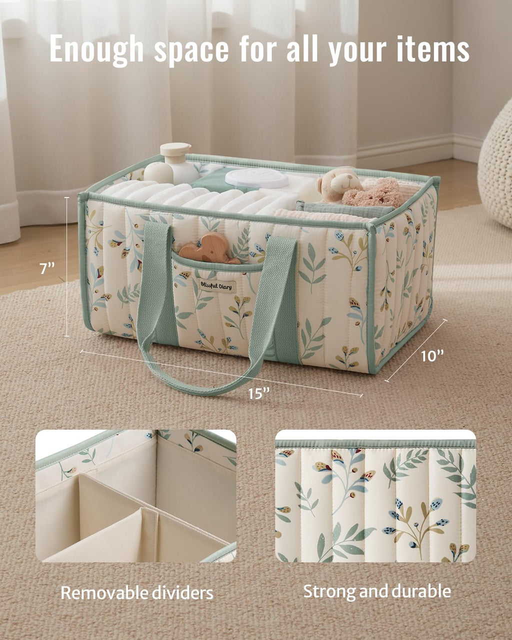 Blissful Diary Nappy Caddy Organiser, Baby Diaper Caddy for Nappy Station, Stylish Storage Basket for Newborn Essentials, Baby Shower Gifts for Girl or Boy, Sage Green