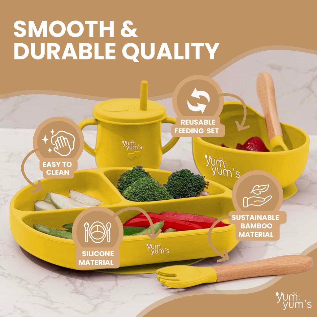 Yum Yum's Baby 10 Pcs Blue Weaning Set - Complete Toddler Feeding Kit w/Sectioned Plate, Suction Bowls, Cutlery with Mouth Guard, Straw Cup, Bib & Mat - Non-Slip - for Toddlers & Baby Gift