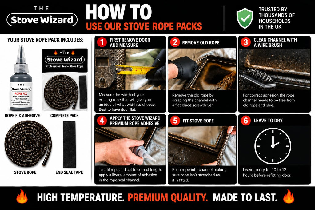 Stove Rope Kit 10mm x 2.5m Black 50ml Glue 100mm Tape