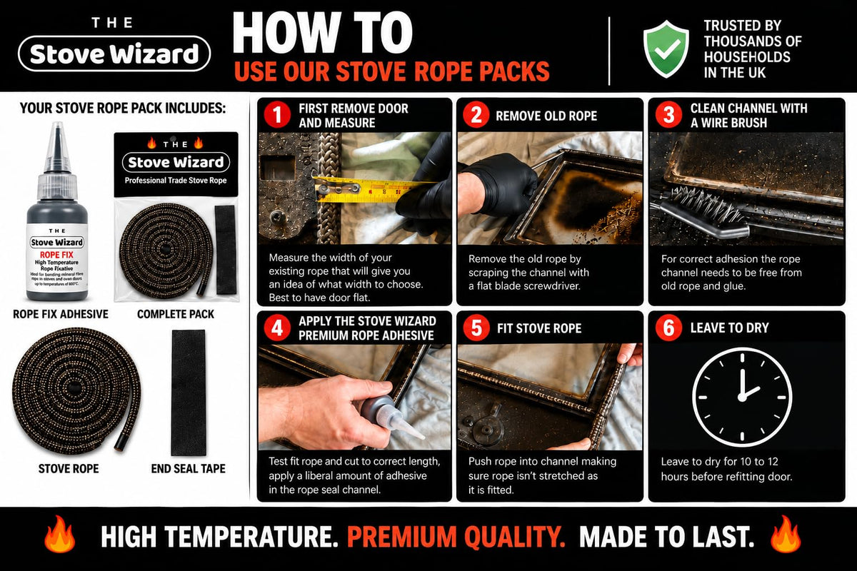 Stove Rope Kit 10mm x 2.5m Black 50ml Glue 100mm Tape