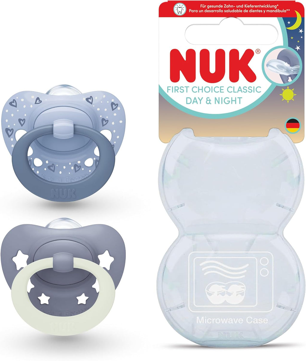 NUK First Choice Classic Night Baby Dummies | 0-6 Months | Orthodontic Soothers that Glow in the Dark | 95% Baby Acceptance** | Blue | 2 Count