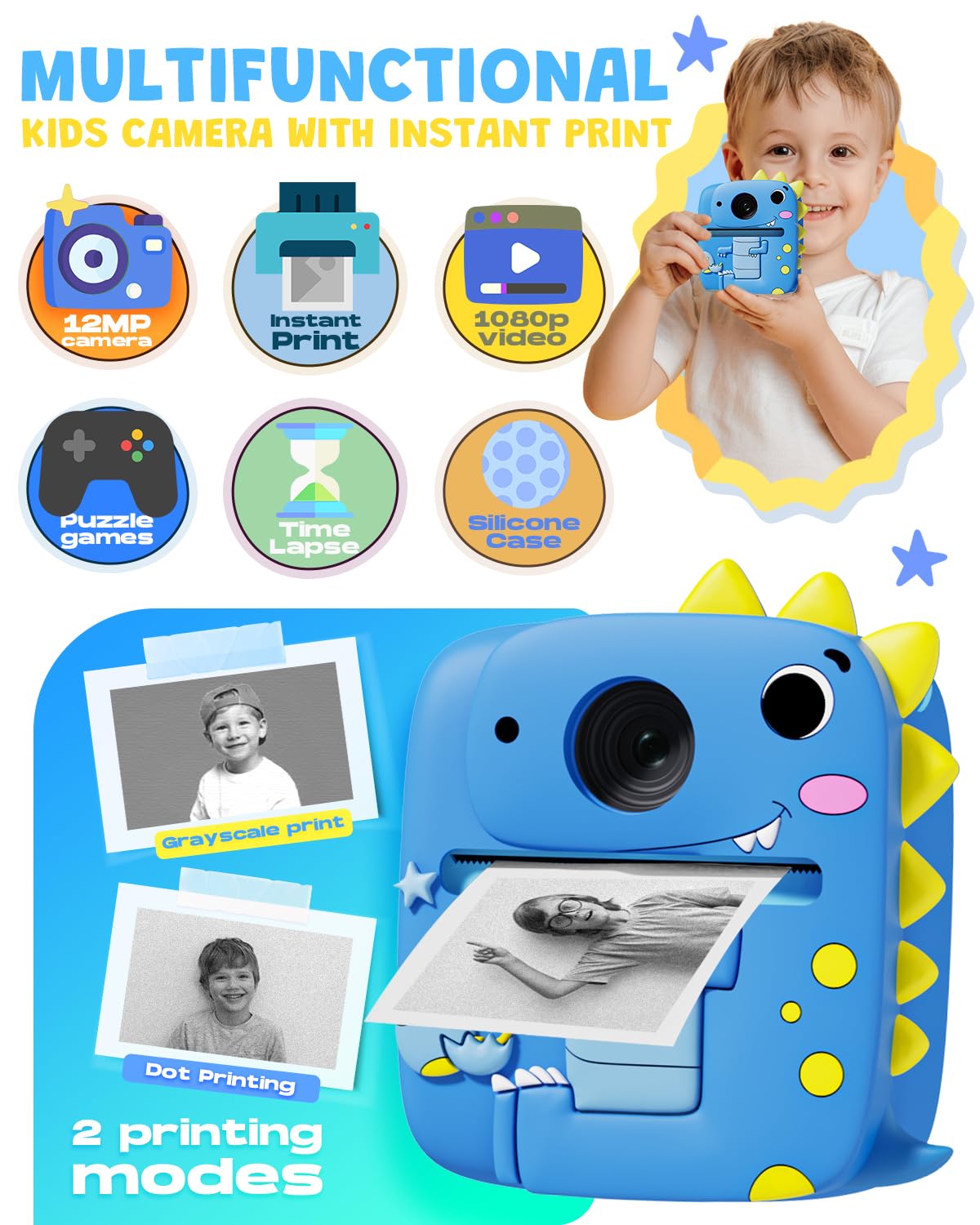Kids Camera Instant Print,1080P Kids Digital Camera,Girls Gifts Toys Age 3+