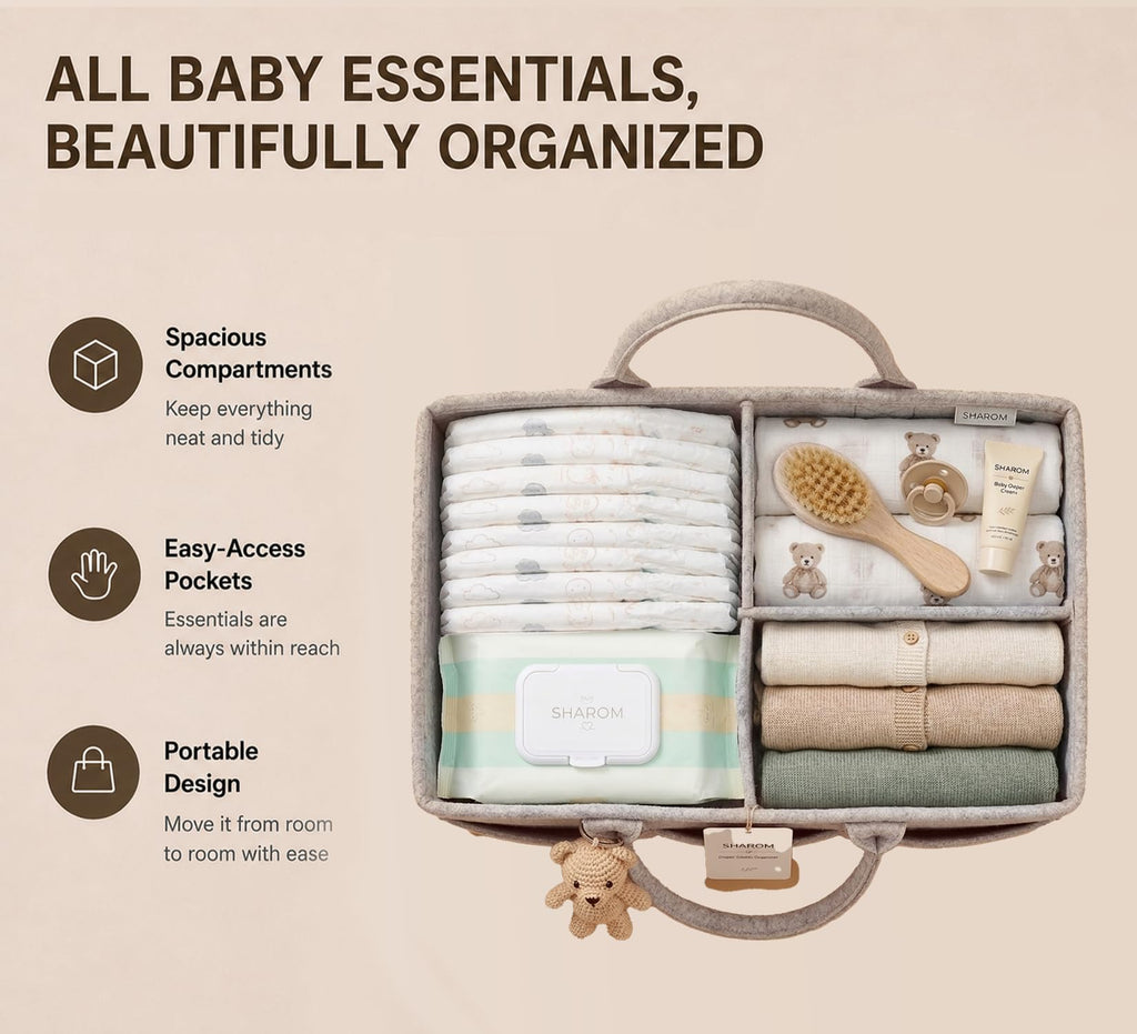 Essential Baby Caddy for Newborns. Spacious, Sturdy & Portable Diaper and Nappy Caddy for Newborn Essentials, Nursery Storage Basket & Organiser for Baby Shower Gifts & Registry Must-Haves Grey