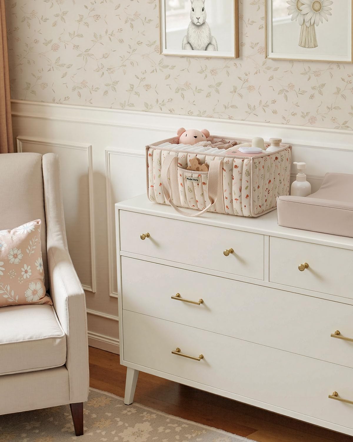 Blissful Diary Nappy Caddy Organiser, Baby Diaper Caddy for Nappy Station, Stylish Storage Basket for Newborn Essentials, Baby Shower Gifts for Girl or Boy, Sage Green