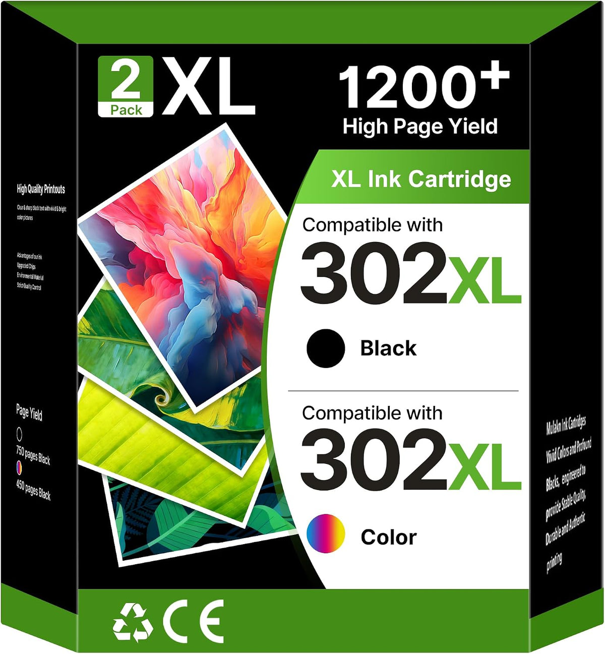 302XL Ink Cartridges Replacement for HP 302 302XL Ink 1Black 1Tri-Colour
