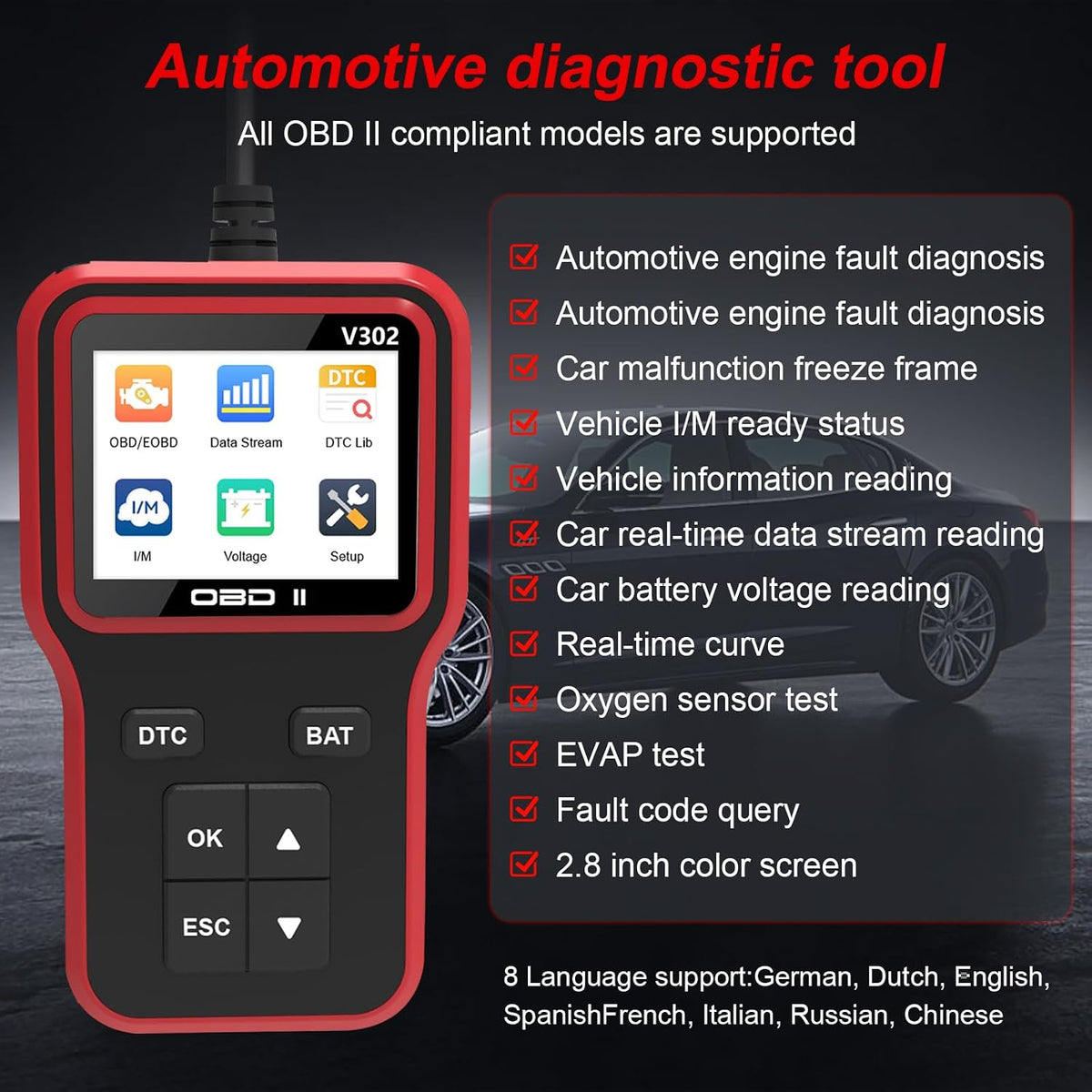 OBD2 Scanner Car Engine Fault Code Reader Wired, V302 OBDII Scan Tool