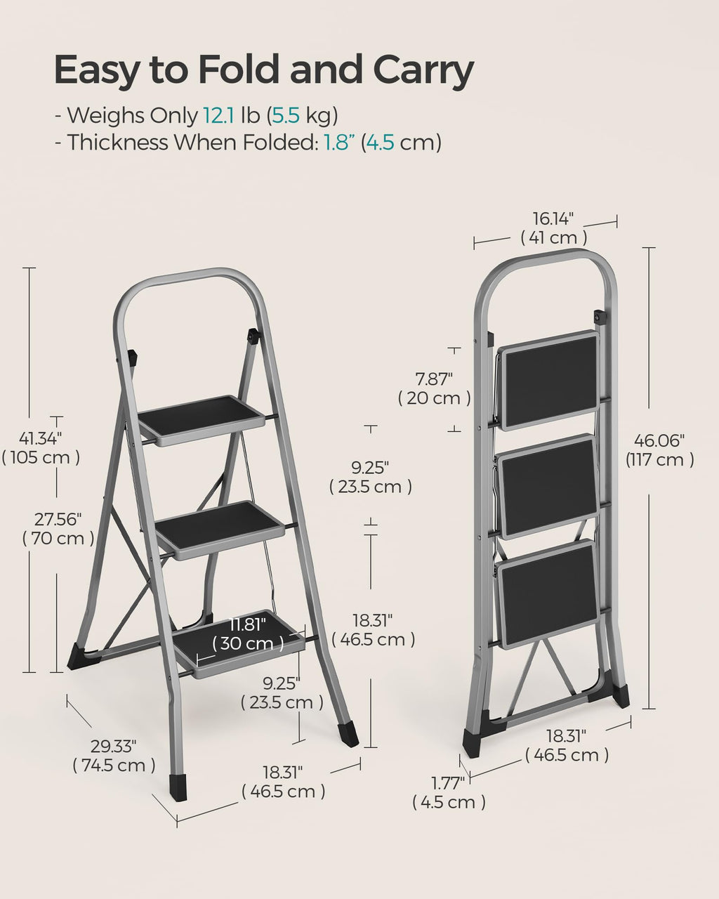 SONGMICS 3-Step Ladder, Folding Step Ladder, Safety, Holds up to 150KG