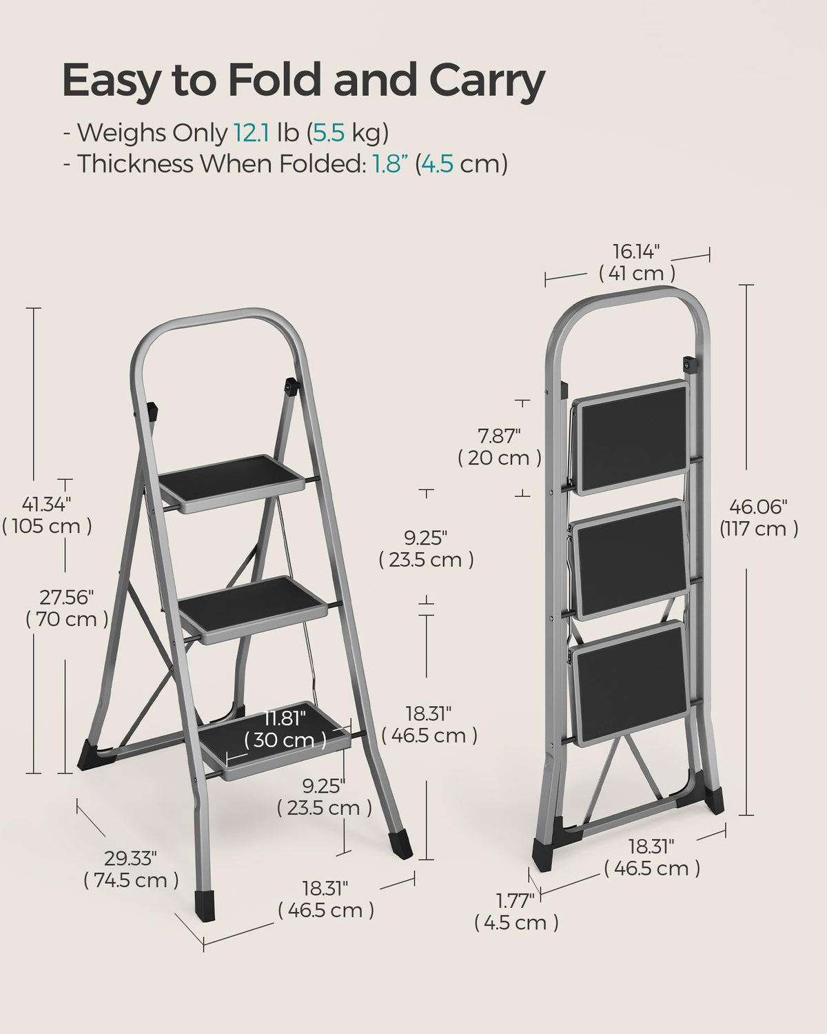 SONGMICS 3-Step Ladder, Folding Step Ladder, Safety, Holds up to 150KG