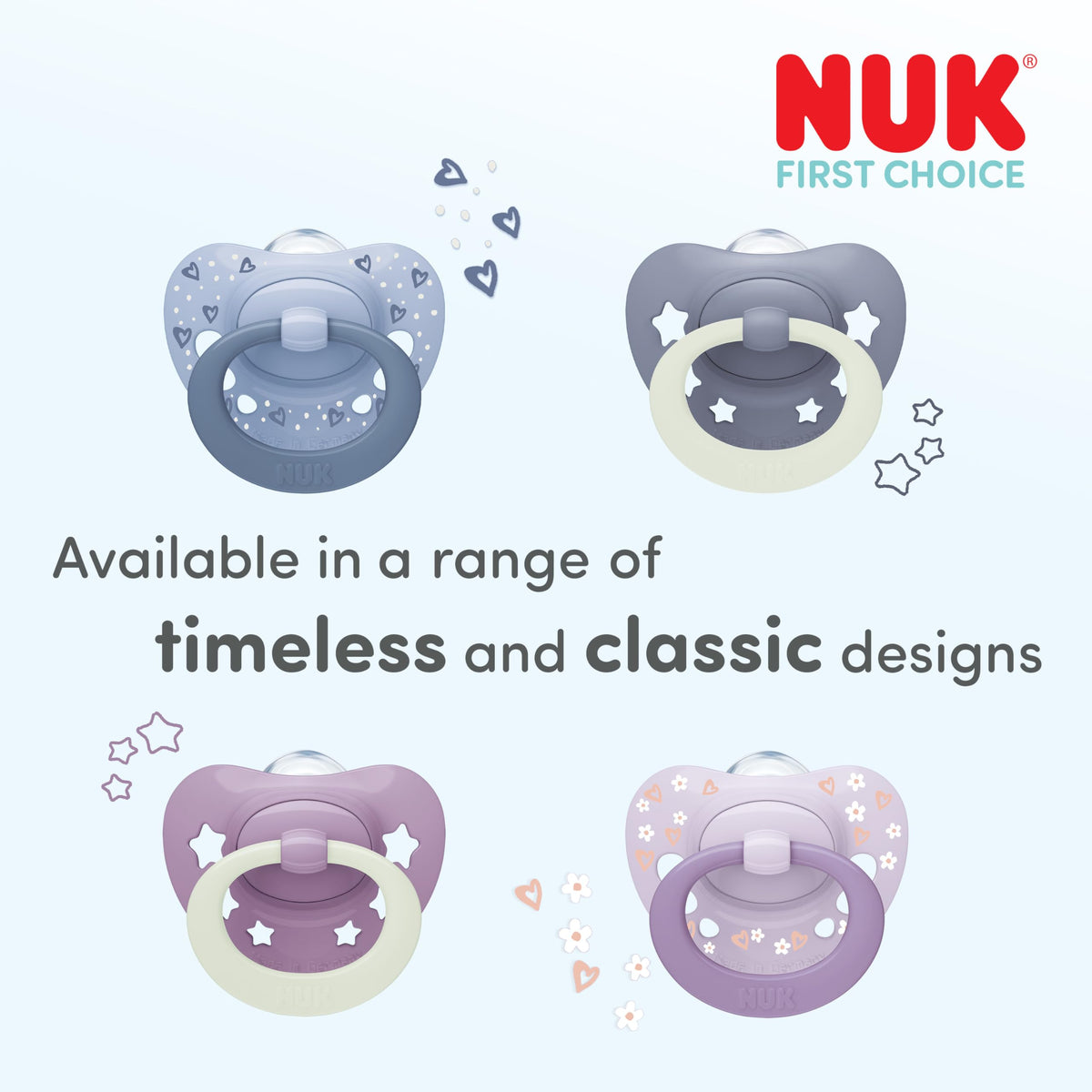 NUK First Choice Classic Night Baby Dummies | 0-6 Months | Orthodontic Soothers that Glow in the Dark | 95% Baby Acceptance** | Blue | 2 Count