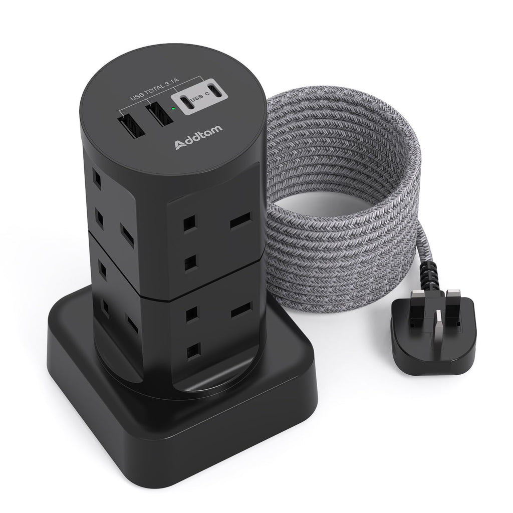 Tower Extension Lead with USB Slots, 8 Way Multi Plug Extension Tower &4USB