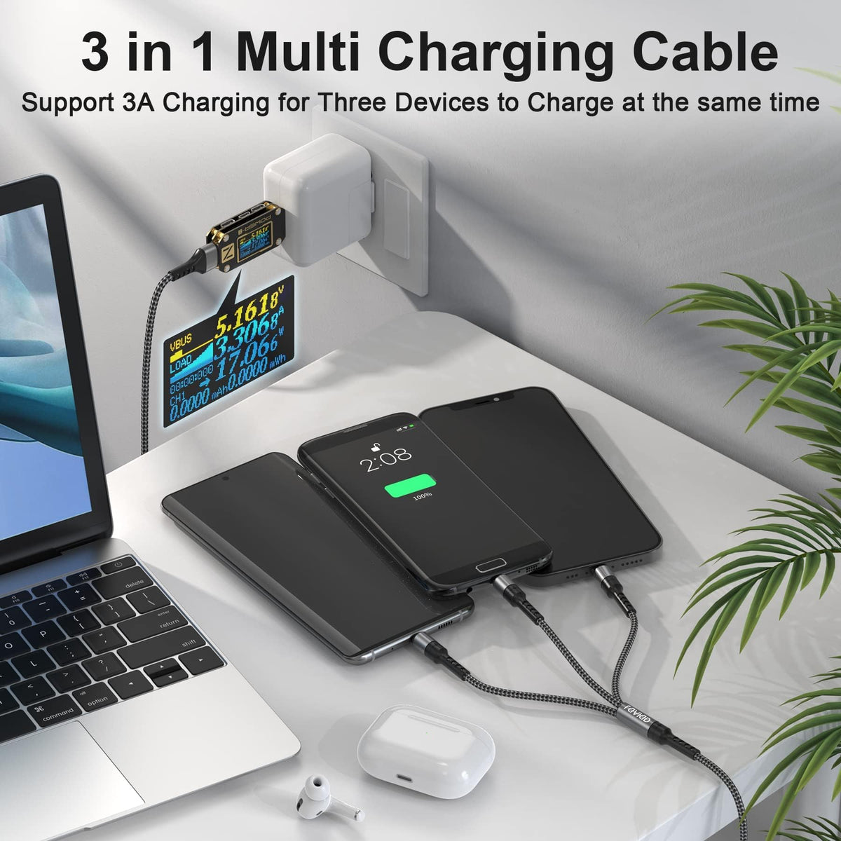 RAVIAD Multi Charger Cable, 3 in 1 Charger Cable 3A USB Fast Charging Cord