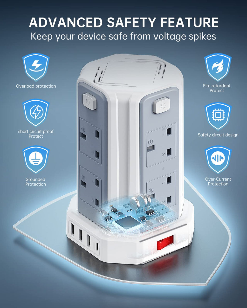 Tower Extension Lead 3M, 8 AC Outlets and 4 USB Ports Extension Tower