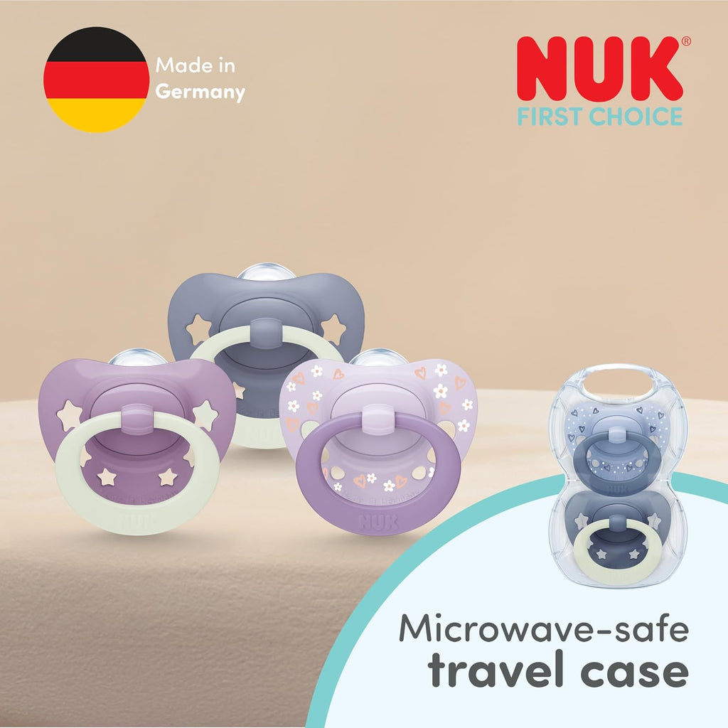 NUK First Choice Classic Night Baby Dummies | 0-6 Months | Orthodontic Soothers that Glow in the Dark | 95% Baby Acceptance** | Blue | 2 Count