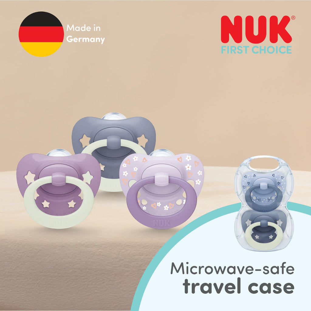 NUK First Choice Classic Night Baby Dummies | 0-6 Months | Orthodontic Soothers that Glow in the Dark | 95% Baby Acceptance** | Blue | 2 Count