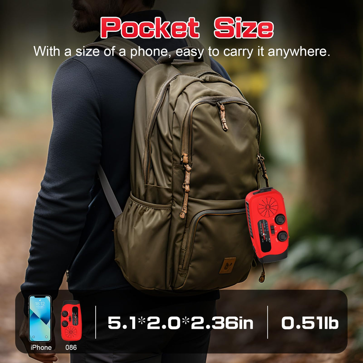 Wind Up Radio, Solar Emergency Radio, Portable Hand Crank Radio, AM/FM Radio with LED Torch, 2000mAh Rechargeable Power Bank, SOS Alarm, USB Phone Charger, Emergency for Camping Hiking (Light Orange)